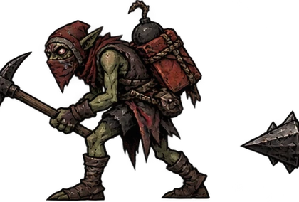 A goblin Sapper carrying an explosive barrel